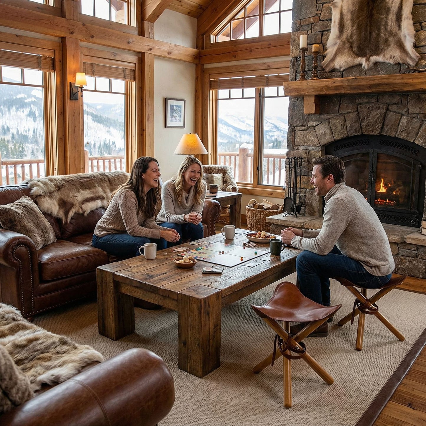 Bare Decor Cuspand Teak and Genuine Leather Artist Folding Accent Stool in Brown
