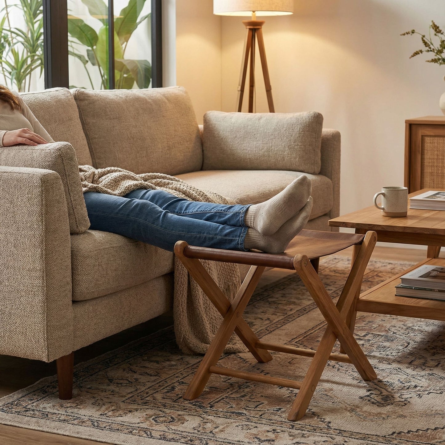Bare Decor Davie Genuine Teak Wood and Leather Folding Accent Stool in Brown
