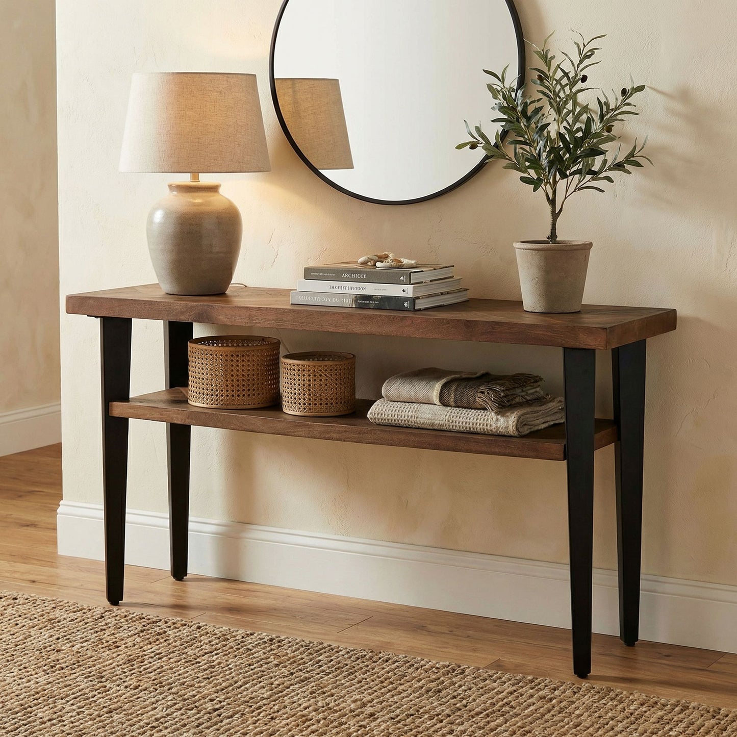 Bare Decor Alberta XL Console Table with Shelf in Parquet Style Wood and black metal legs, 56x16x30