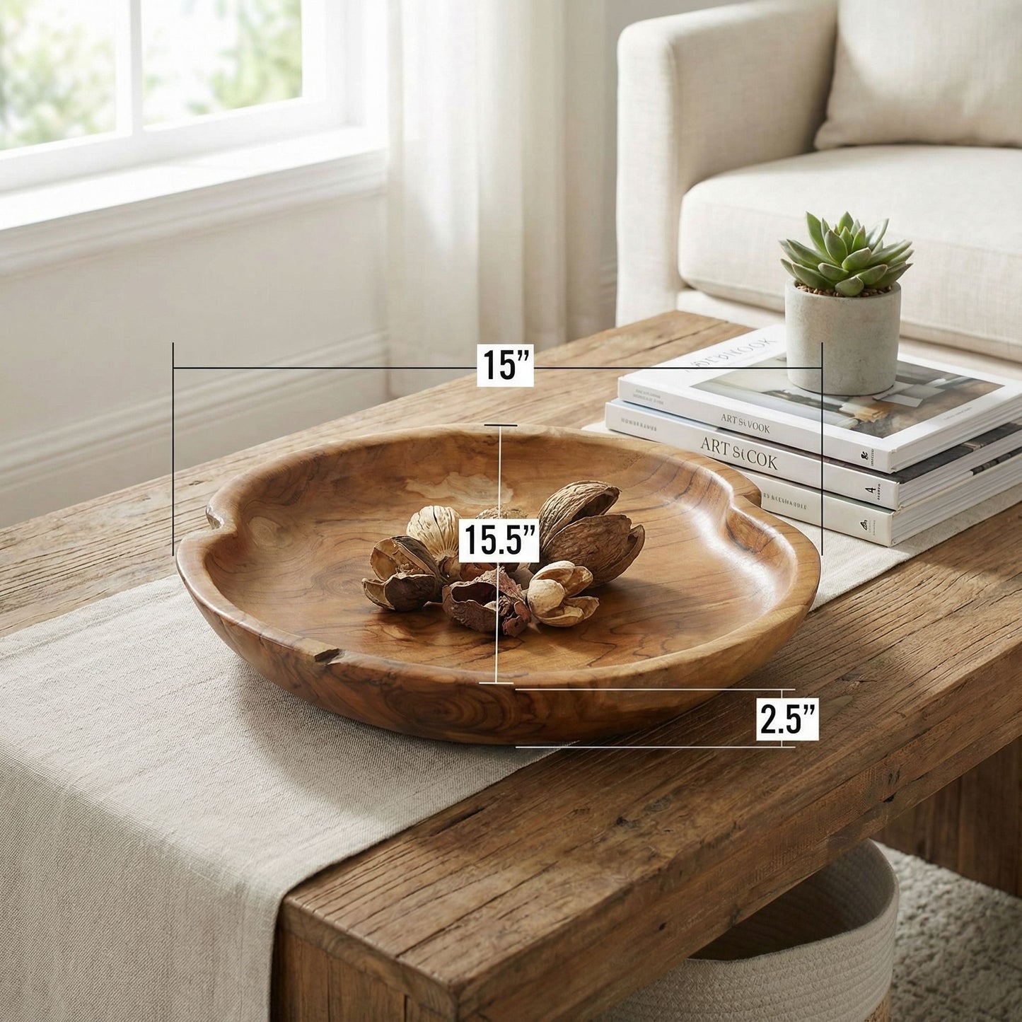 Bare Decor Ezma Solid Teak Decorative Bowl, Hand Made, 15.5" Round