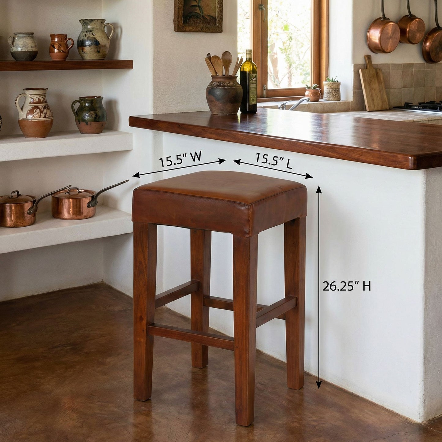 Bare Decor Sally Genuine Leather and Teak Wood Square Counter Stool, 26"