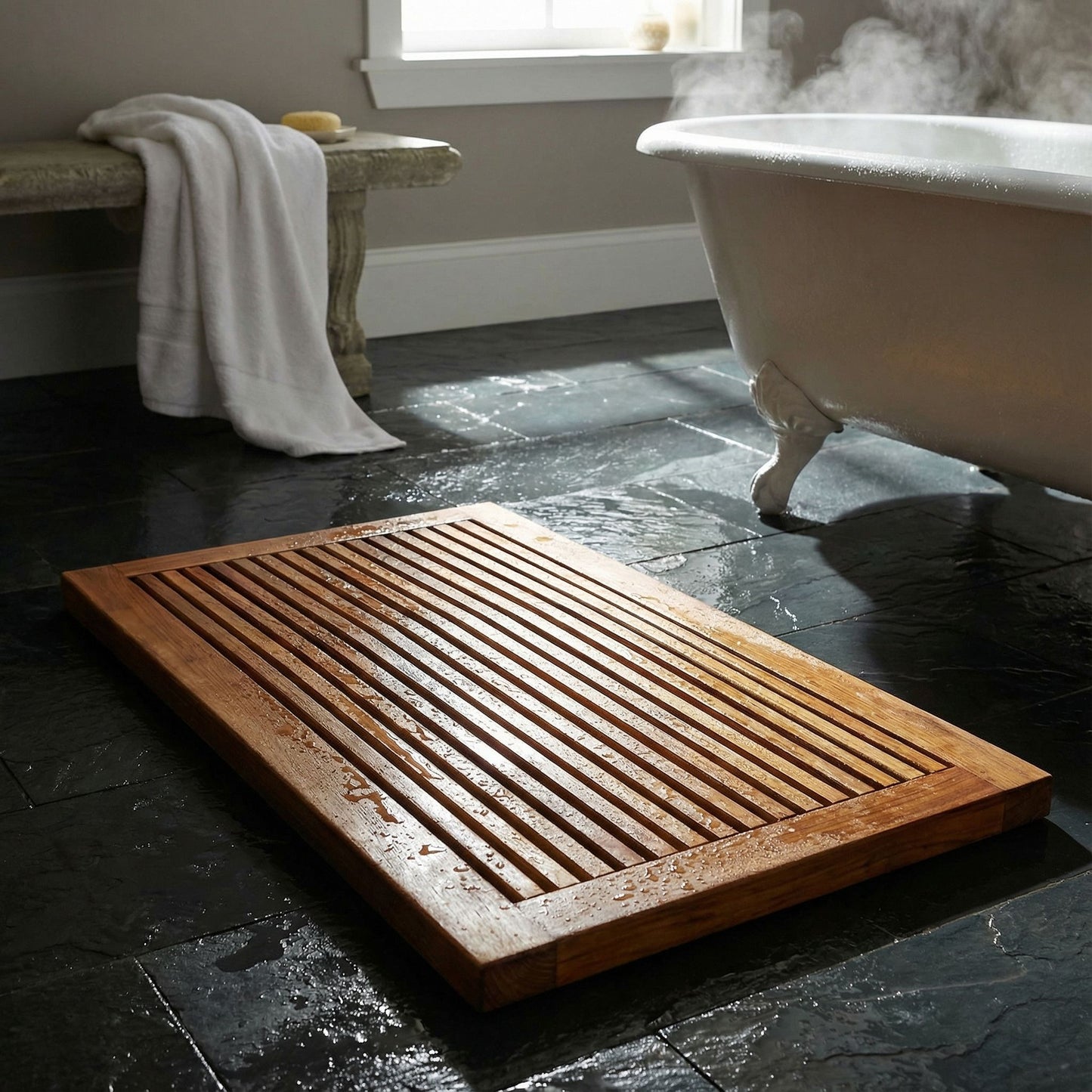 Bare Decor Dasha Spa Bath or Door Mat in Solid Teak Wood Oiled Finish, Large: 31.5" x 17.75"