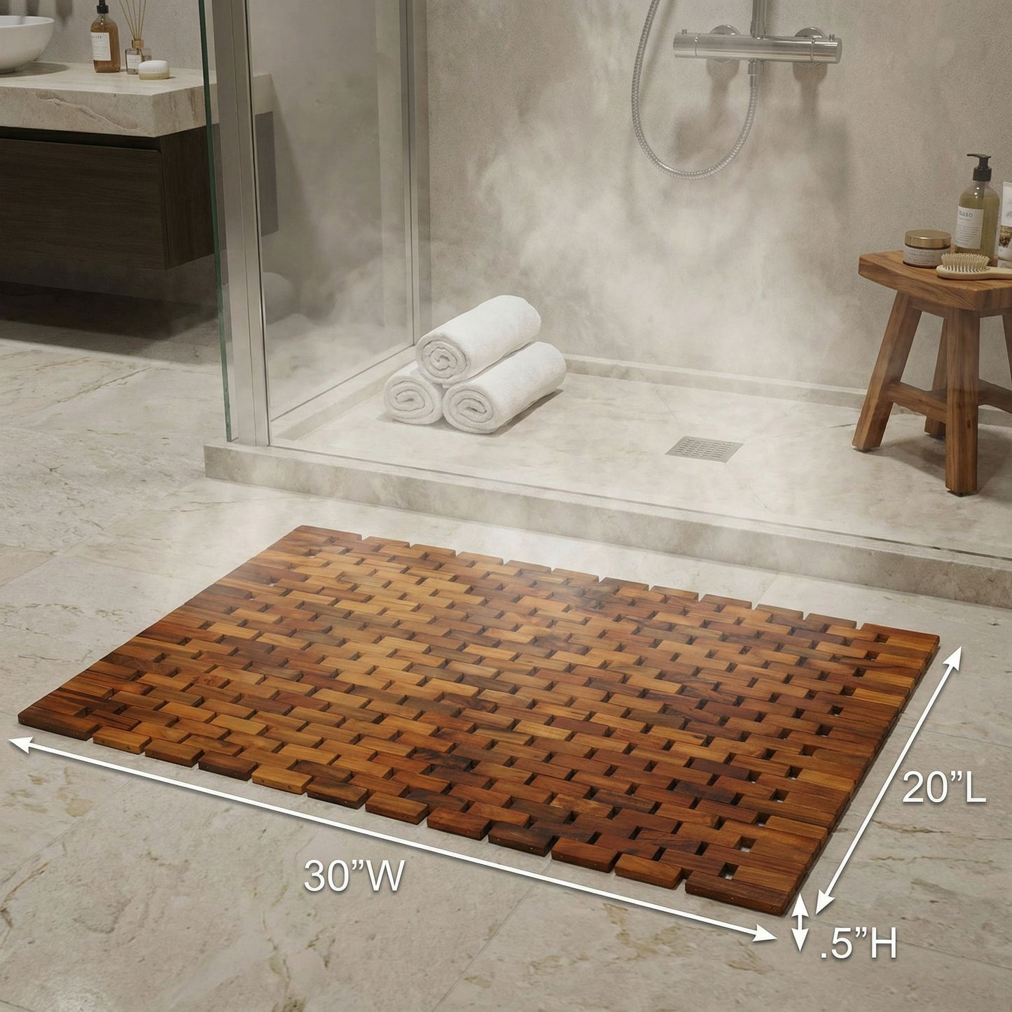 Bare Decor Kuki Spa Mosaic Shower Mat in Solid Teak Wood Oiled Finish, 30x20