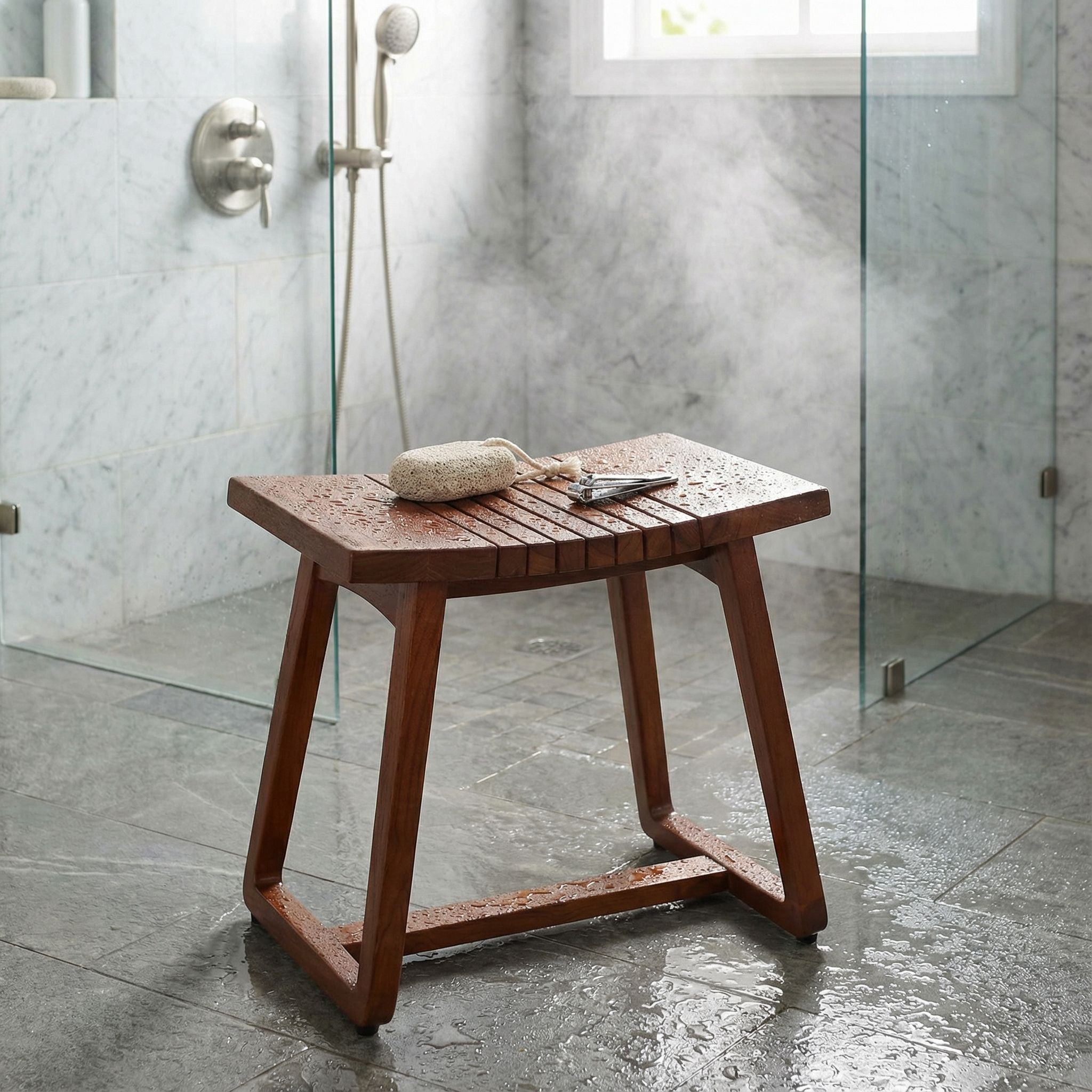 Bare Decor Hanoi Shower and Spa Stool in Solid Teak Wood, 19x14x17h