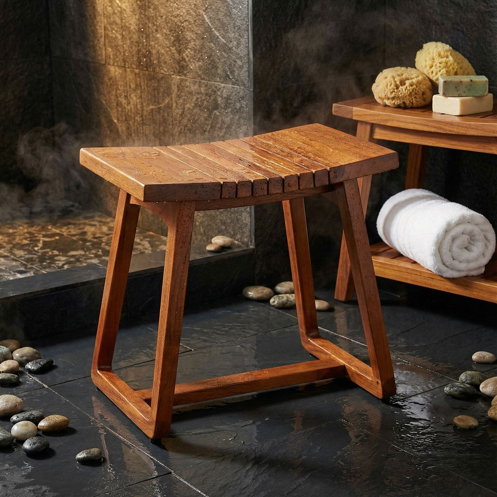 Bare Decor Hanoi Shower and Spa Stool in Solid Teak Wood, 19x14x17h