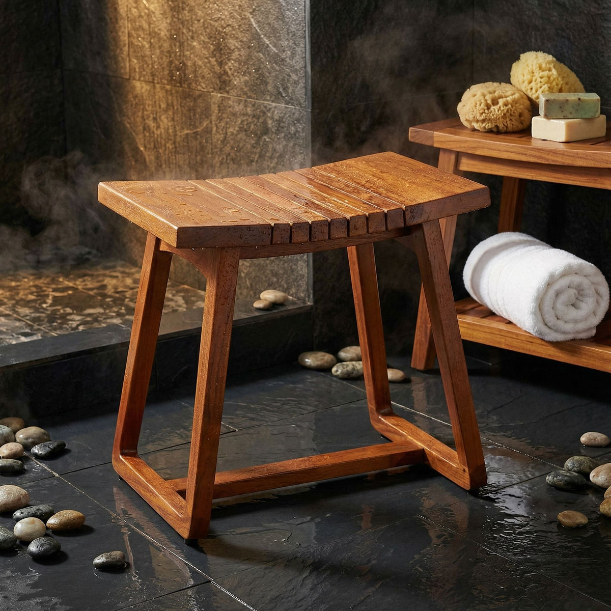 Bare Decor Hanoi Shower and Spa Stool in Solid Teak Wood, 19x14x17h