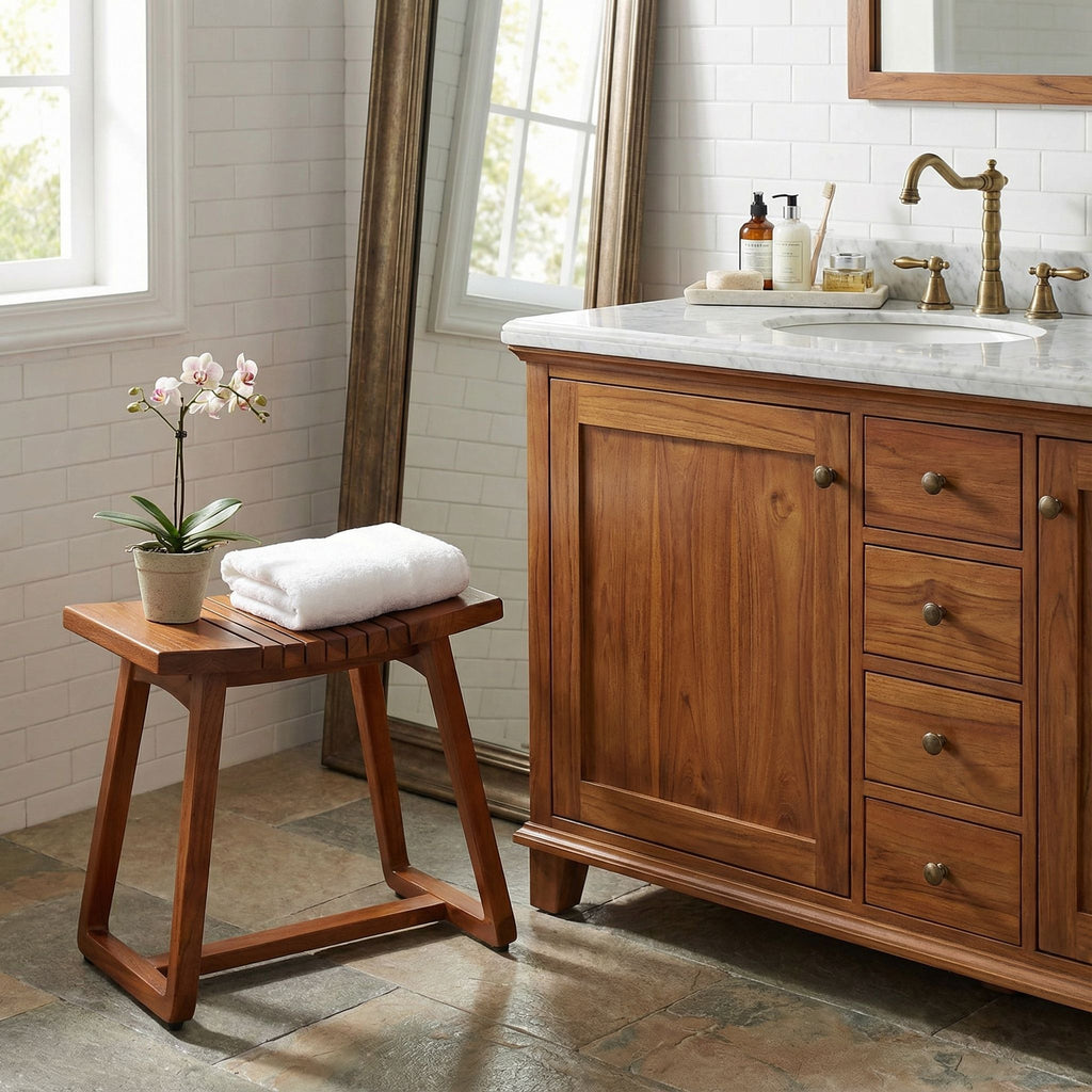 Bare Decor Hanoi Shower and Spa Stool in Solid Teak Wood, 19x14x17h