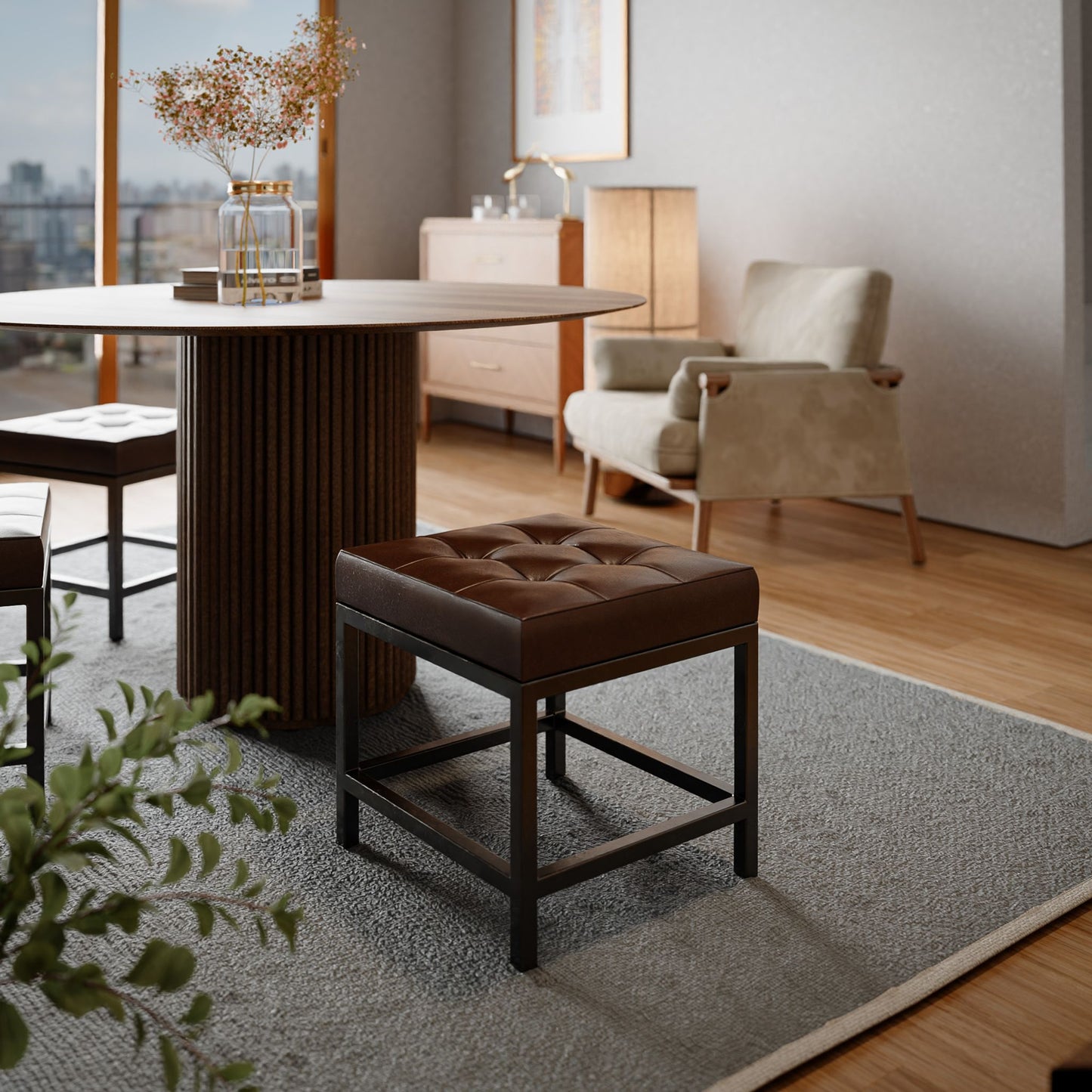 Bare Decor Tanzie Genuine Leather Stool and Metal Legs