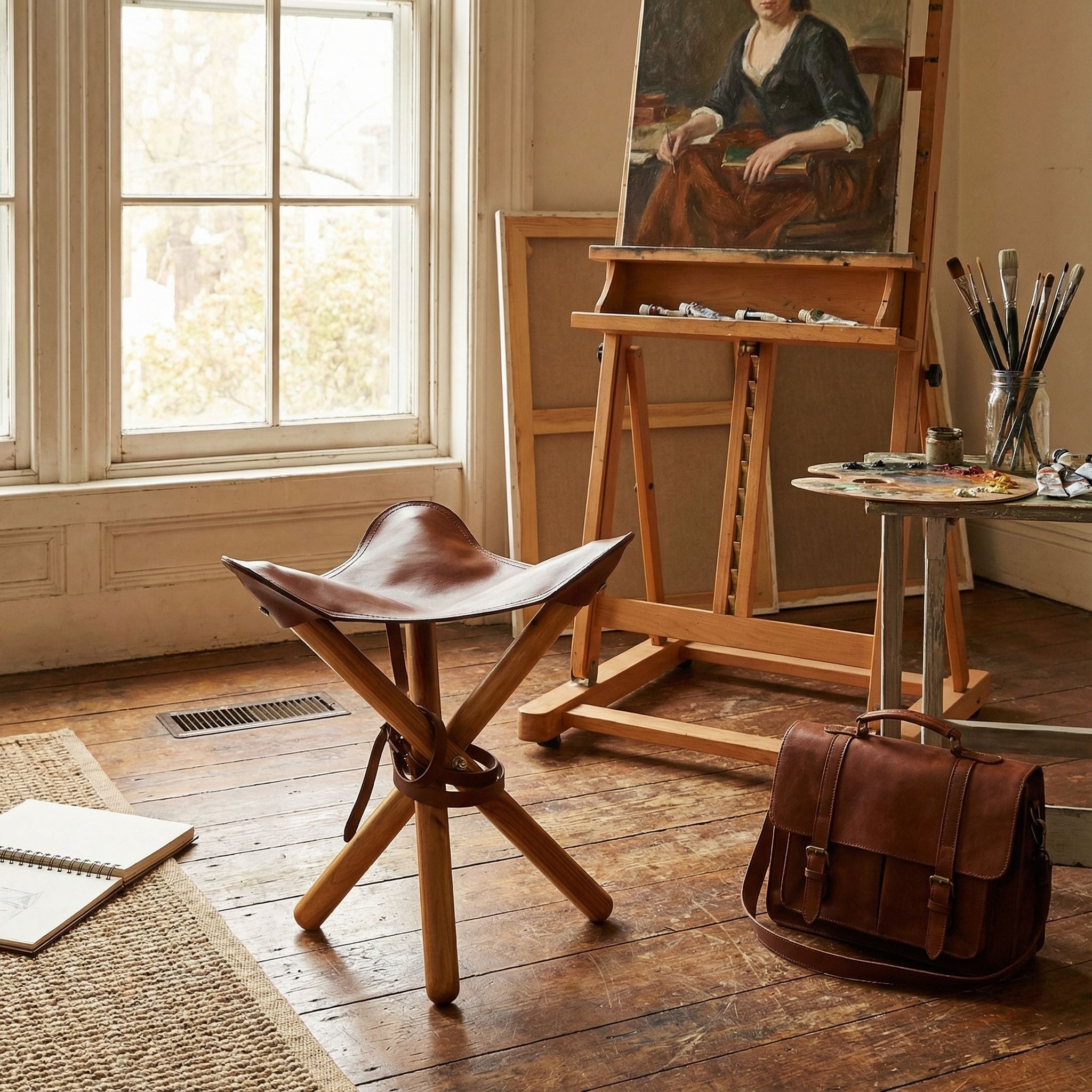 Bare Decor Cuspand Teak and Genuine  Leather Artist Folding Accent Stool in Brown
