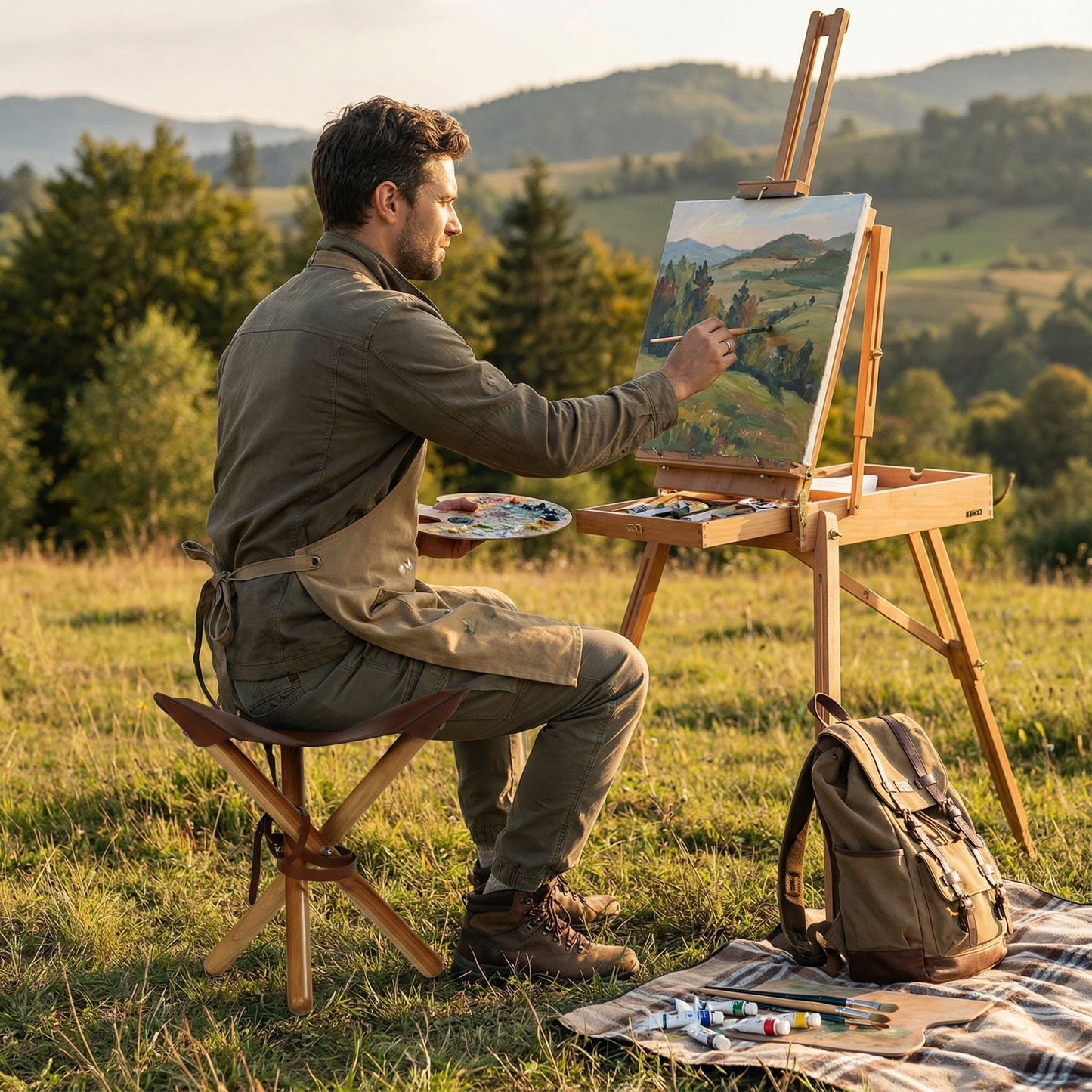 Bare Decor Cuspand Teak and Genuine  Leather Artist Folding Accent Stool in Brown