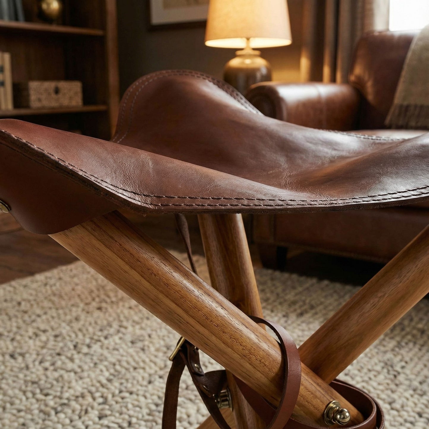 Bare Decor Cuspand Teak and Genuine  Leather Artist Folding Accent Stool in Brown