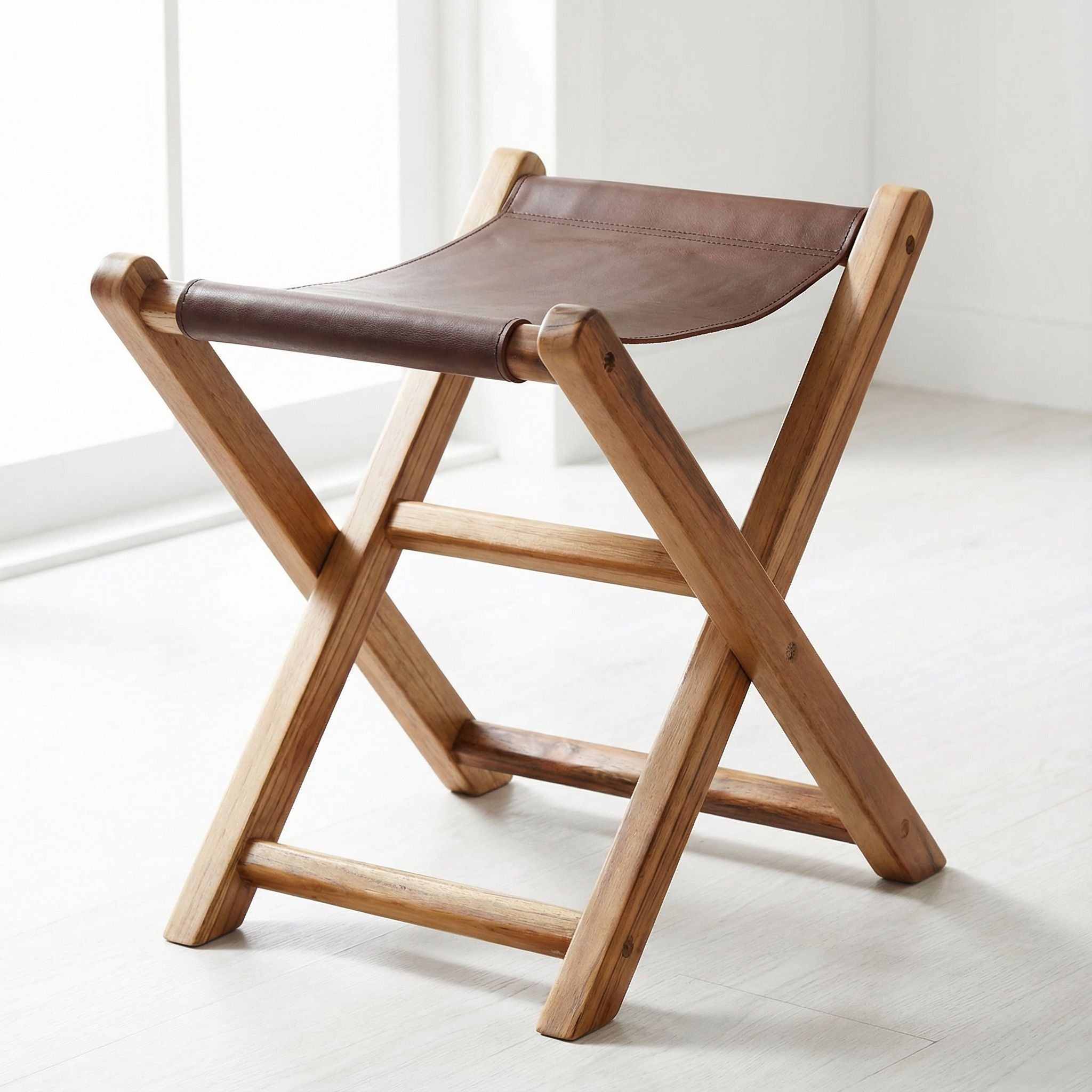 Bare Decor Hex Genuine Teak and Leather Folding Artist Stool in Brown Teak Wood