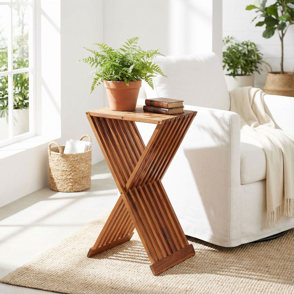 Bare Decor Taj Folding Plantstand End Table in Solid Teak Wood, 28" High