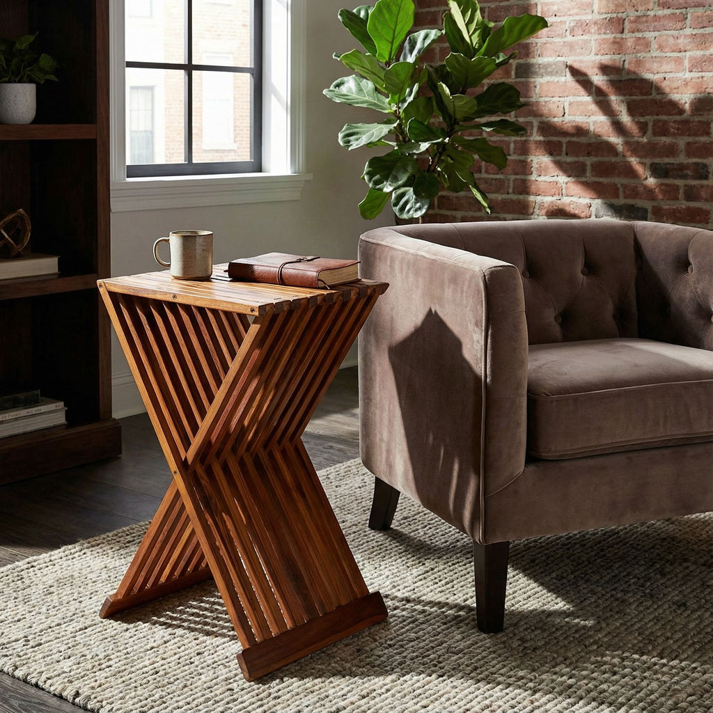 Bare Decor Taj Folding Plantstand End Table in Solid Teak Wood, 28" High