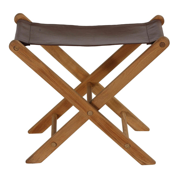 Bare Decor Davie Genuine Teak Wood and Leather Folding Accent Stool in Brown