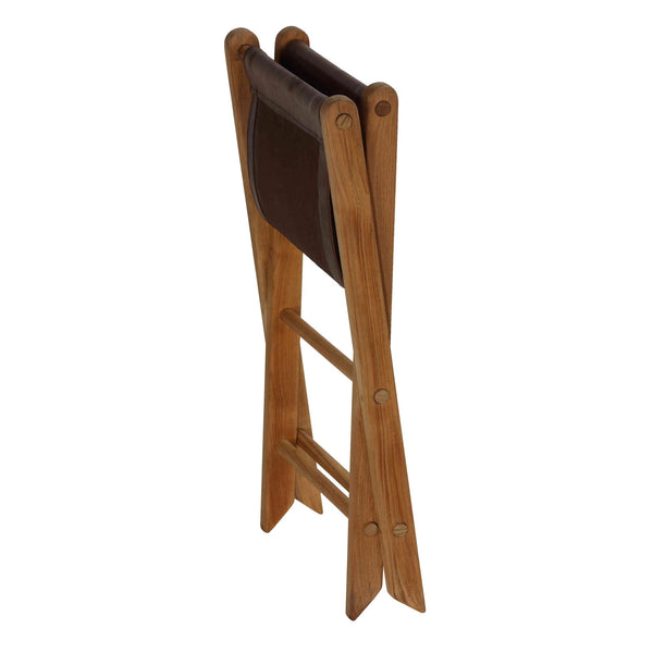 Bare Decor Davie Genuine Teak Wood and Leather Folding Accent Stool in Brown