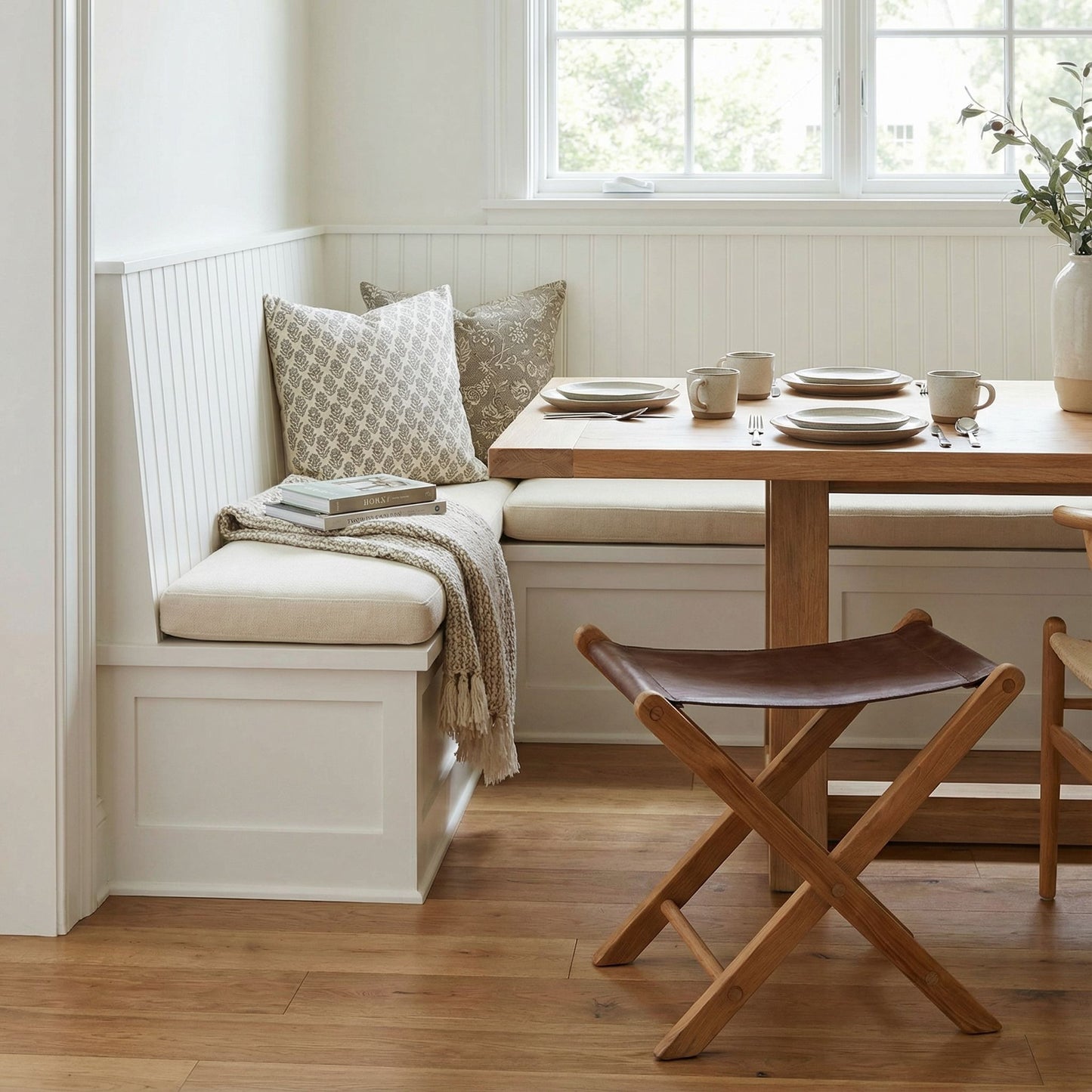 Bare Decor Davie Genuine Teak Wood and Leather Folding Accent Stool in Brown