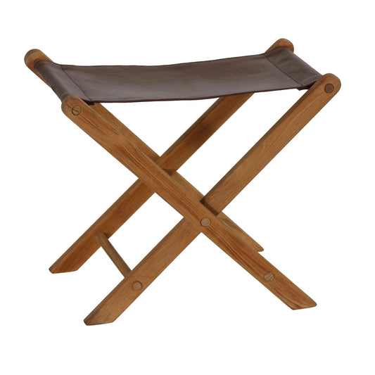 Bare Decor Davie Genuine Teak Wood and Leather Folding Accent Stool in Brown