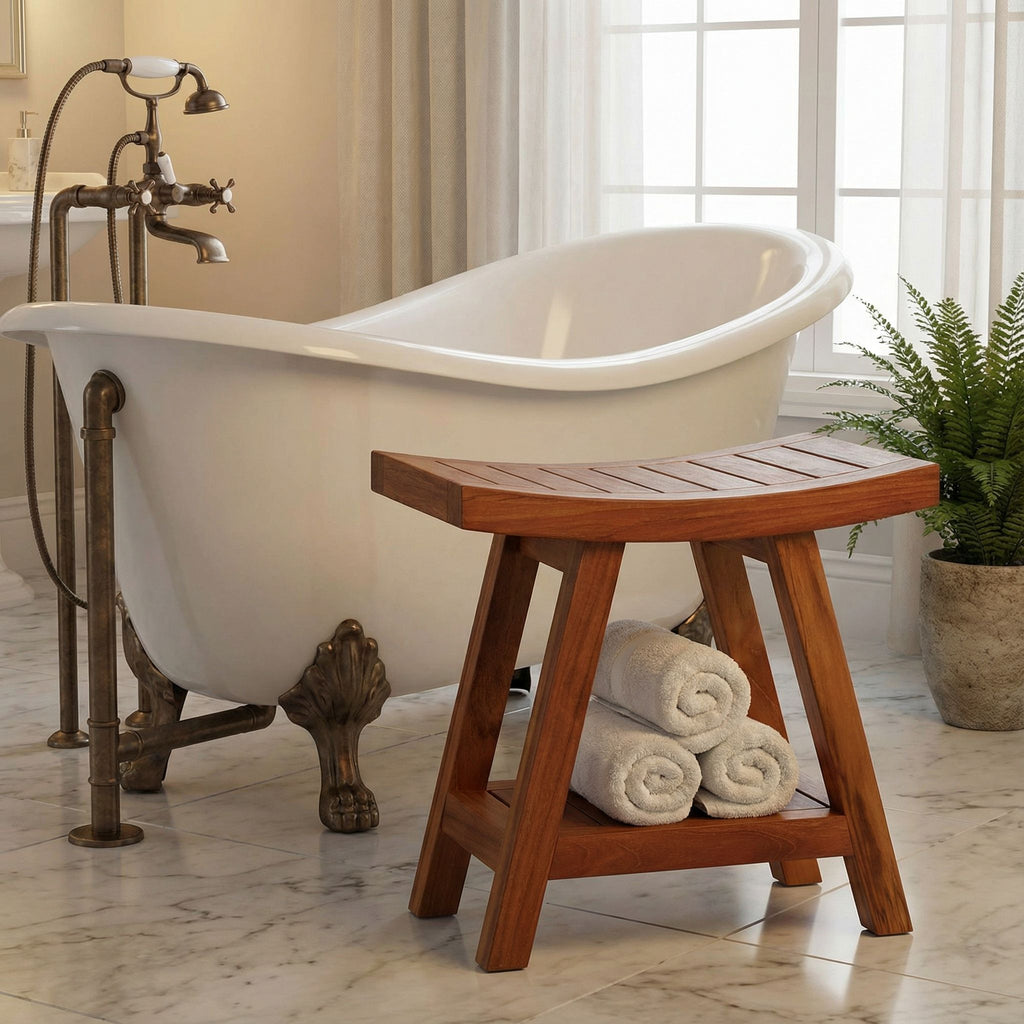 Bare Decor Niles Bench Stool with Shelf in Solid Teak Wood