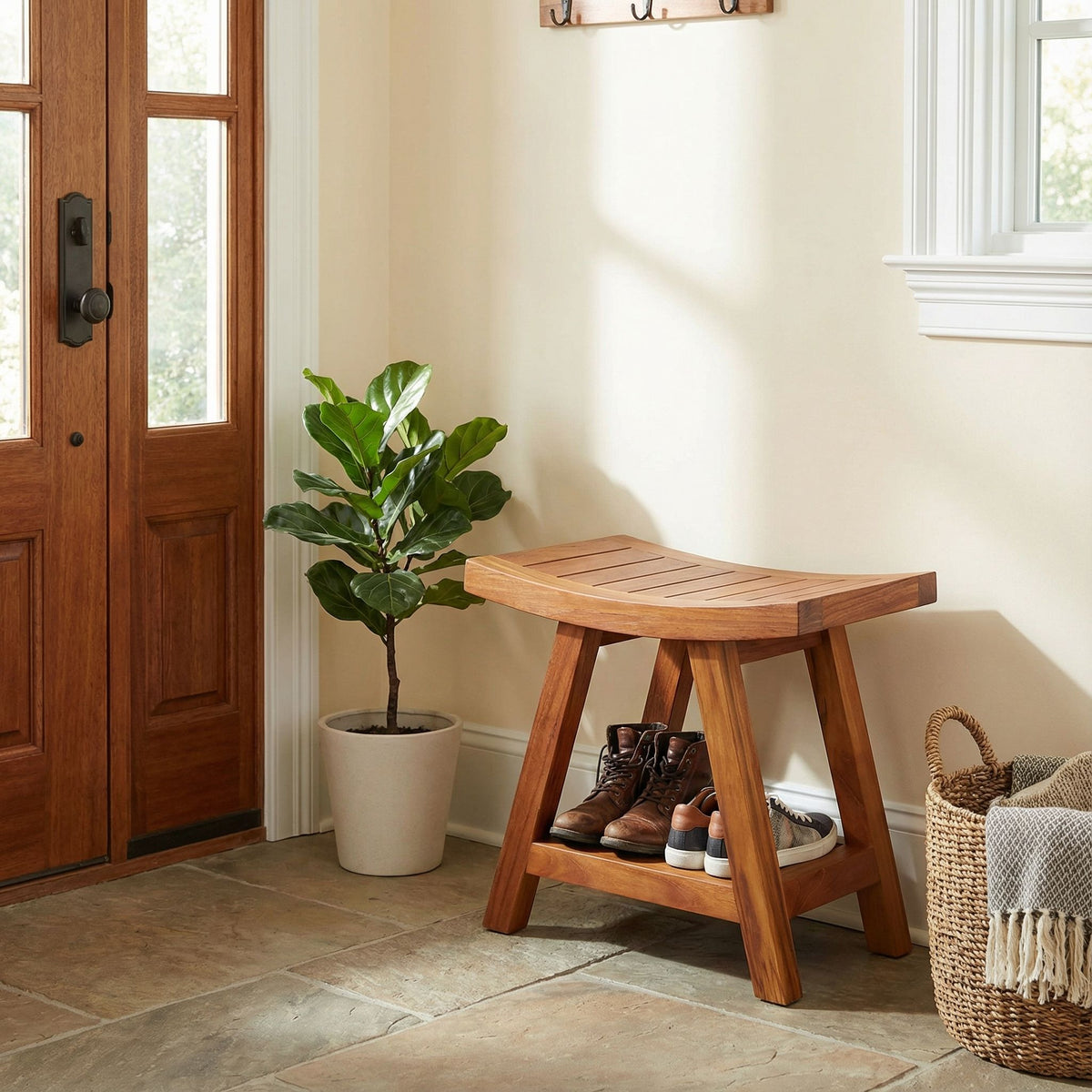 Bare Decor Niles Bench Stool with Shelf in Solid Teak Wood