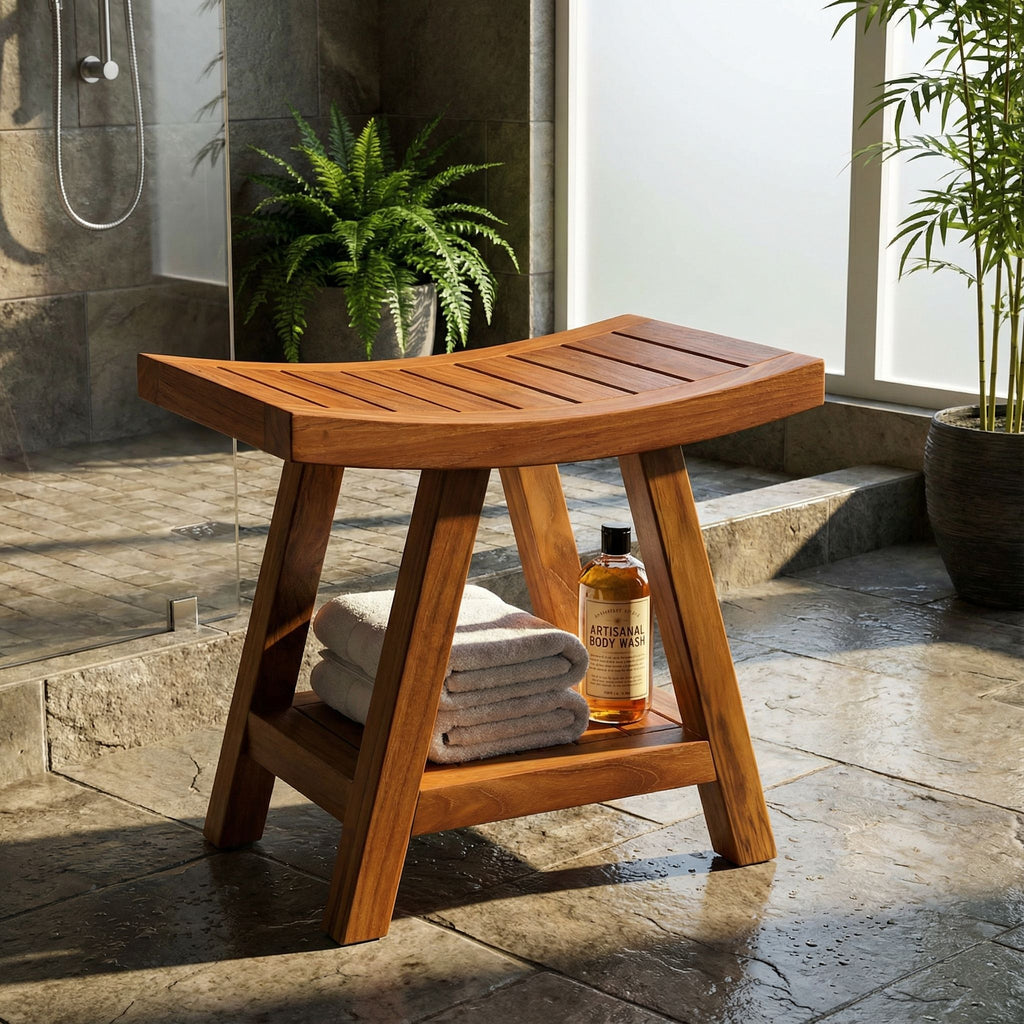 Bare Decor Niles Bench Stool with Shelf in Solid Teak Wood