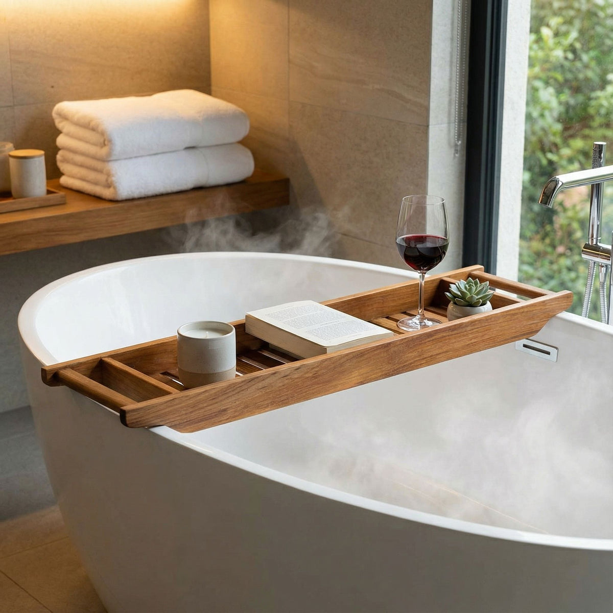 Bare Decor Vaske Natural Teak Wood Bathtub Caddy, 33" Wide