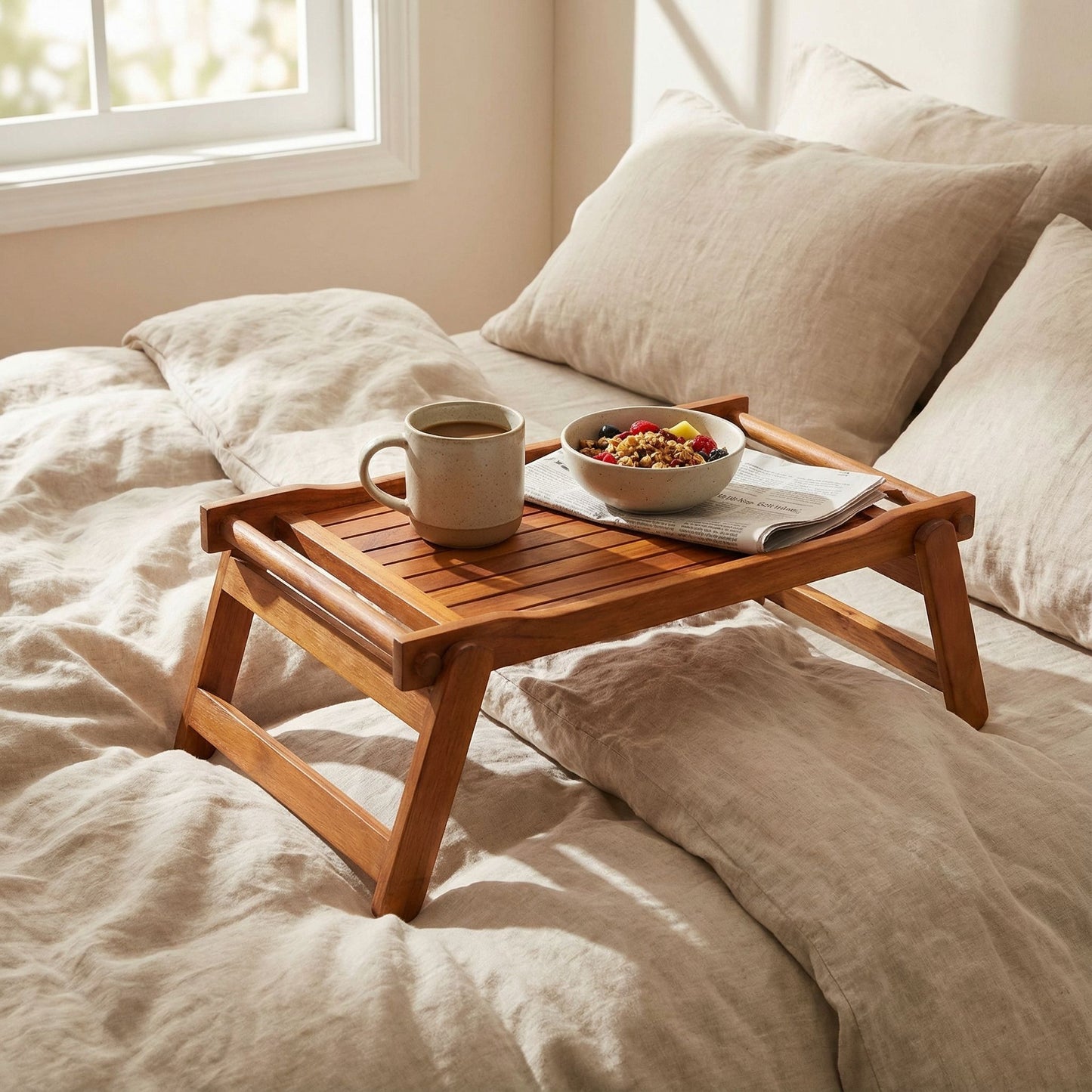 Bare Decor Eddie Serving Tray Table with Folding Legs in Solid Teak Wood