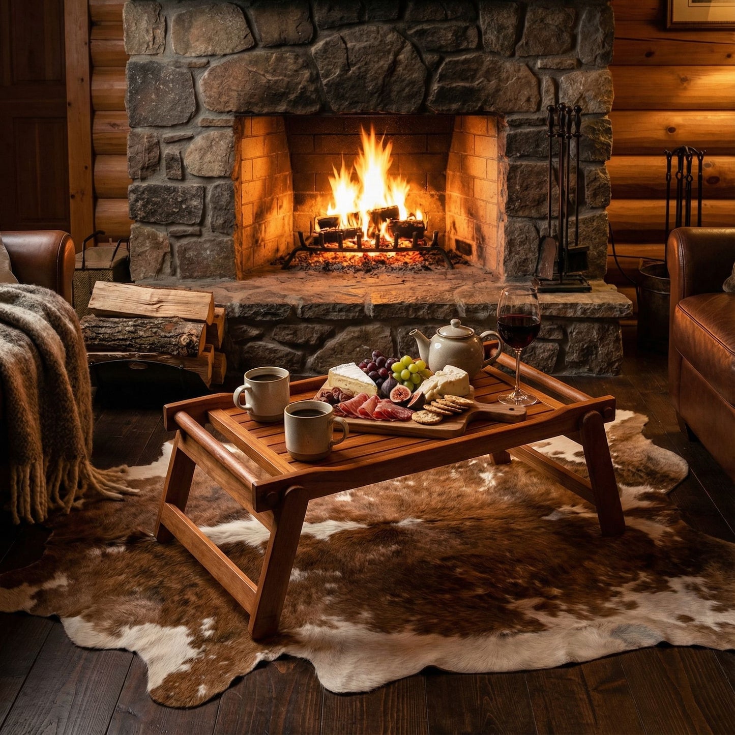Bare Decor Eddie Serving Tray Table with Folding Legs in Solid Teak Wood