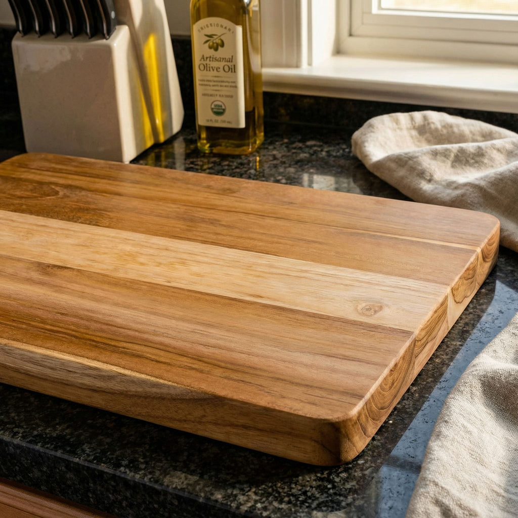 Bare Decor Zoe Butcher Block Countertop Cutting Board in Solid Teak Natural Wood 18x12x1.25