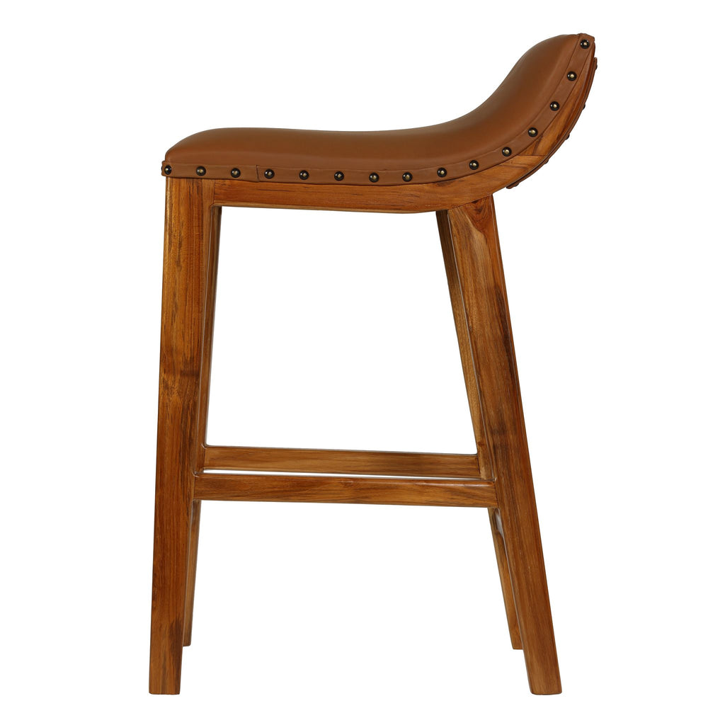 Bare Decor Luisa Counterstool in Light Tan Genuine Leather Seat and Solid Teak Wood Base with Brass Nailheads