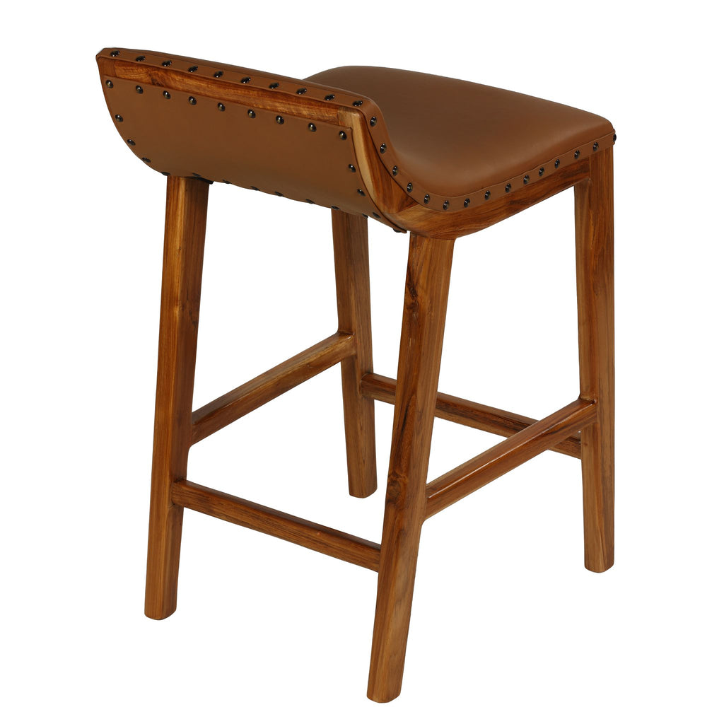 Bare Decor Luisa Counterstool in Light Tan Genuine Leather Seat and Solid Teak Wood Base with Brass Nailheads