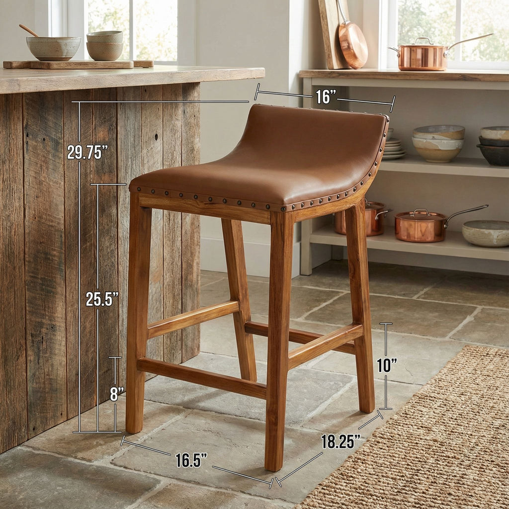 Bare Decor Luisa Counterstool in Light Tan Genuine Leather Seat and Solid Teak Wood Base with Brass Nailheads