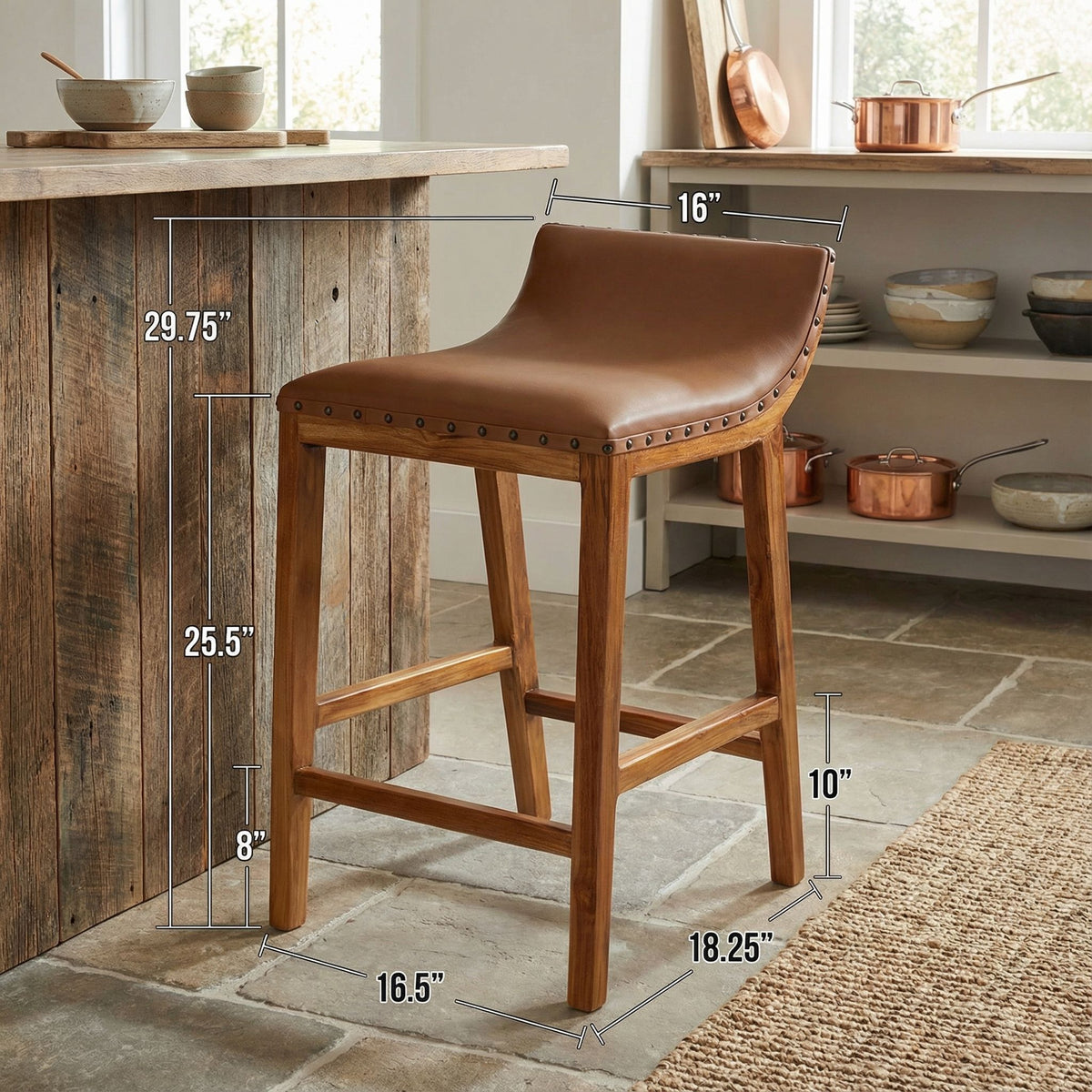 Bare Decor Luisa Counterstool in Light Tan Genuine Leather Seat and Solid Teak Wood Base with Brass Nailheads