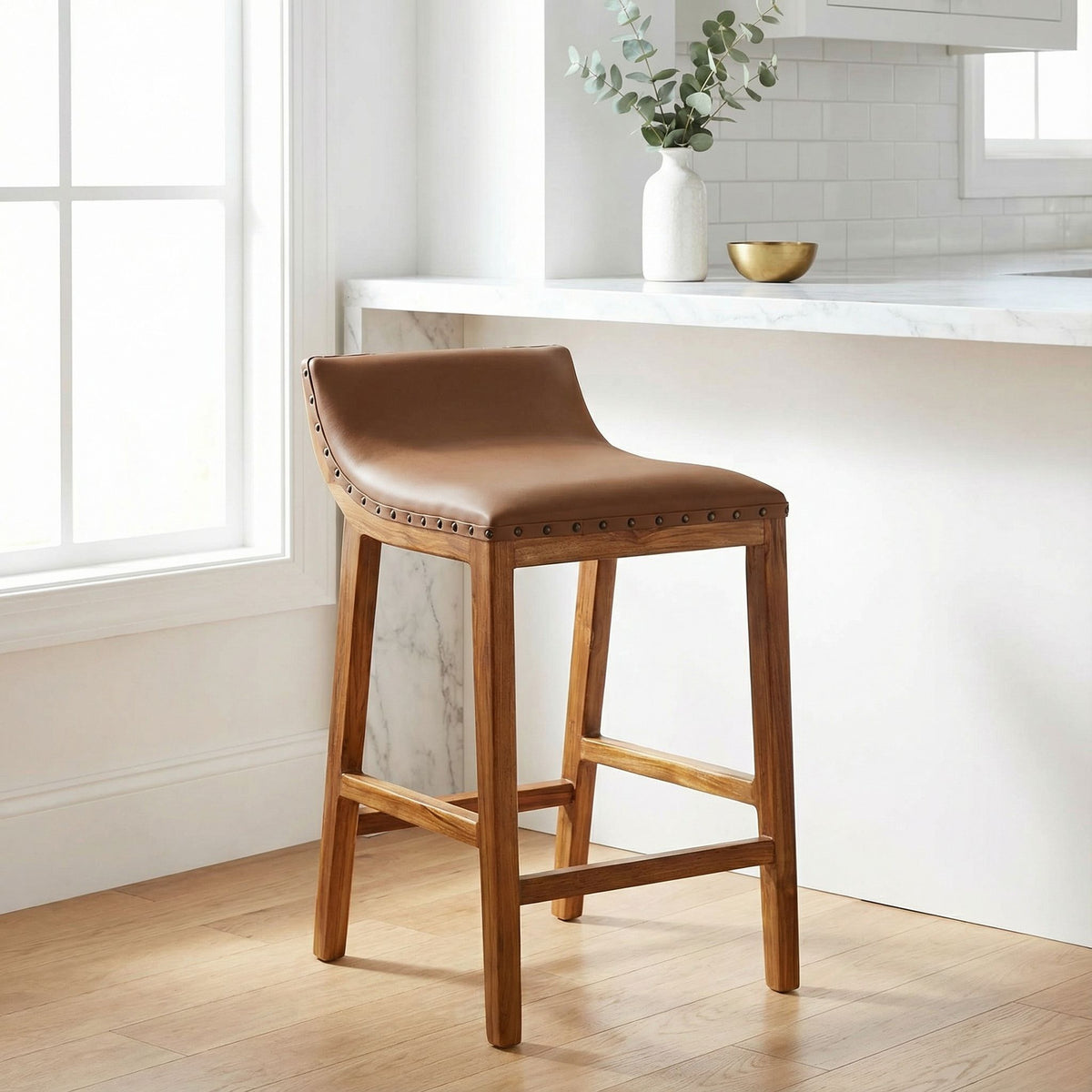 Bare Decor Luisa Counterstool in Light Tan Genuine Leather Seat and Solid Teak Wood Base with Brass Nailheads