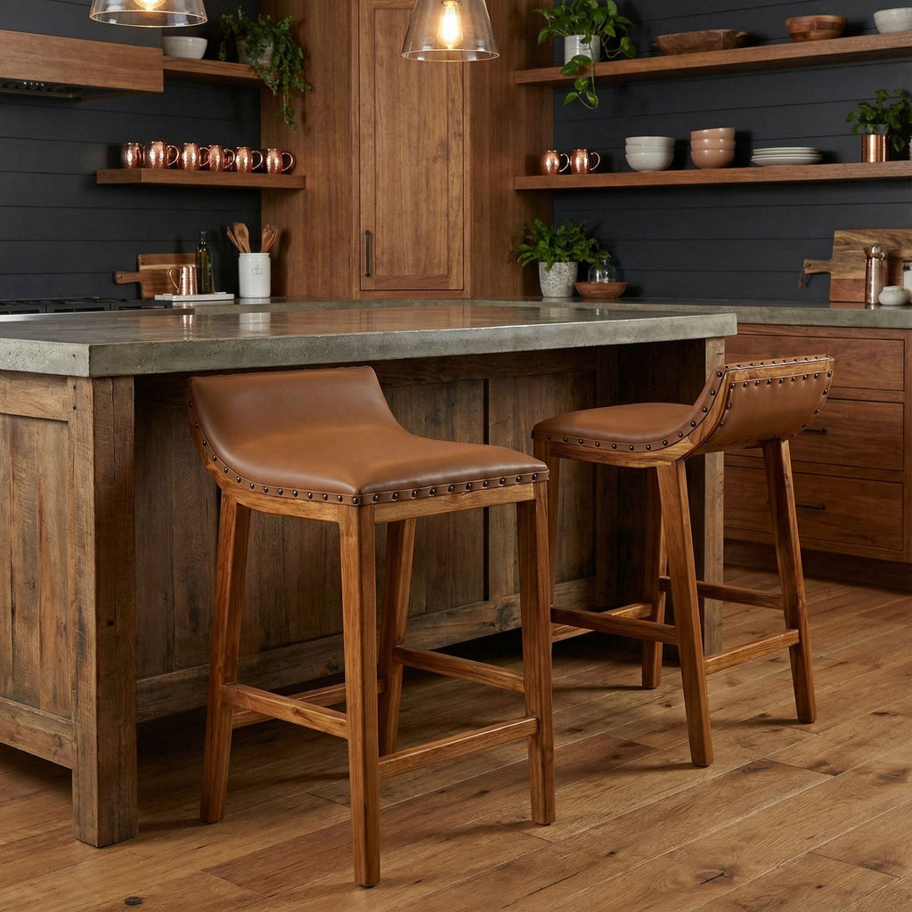 Bare Decor Luisa Counterstool in Light Tan Genuine Leather Seat and Solid Teak Wood Base with Brass Nailheads