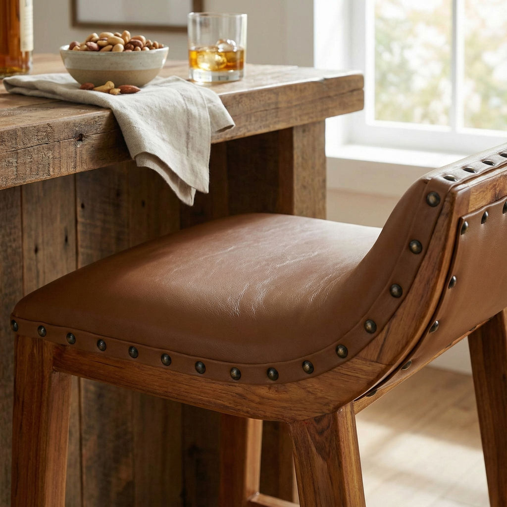 Bare Decor Luisa Counterstool in Light Tan Genuine Leather Seat and Solid Teak Wood Base with Brass Nailheads