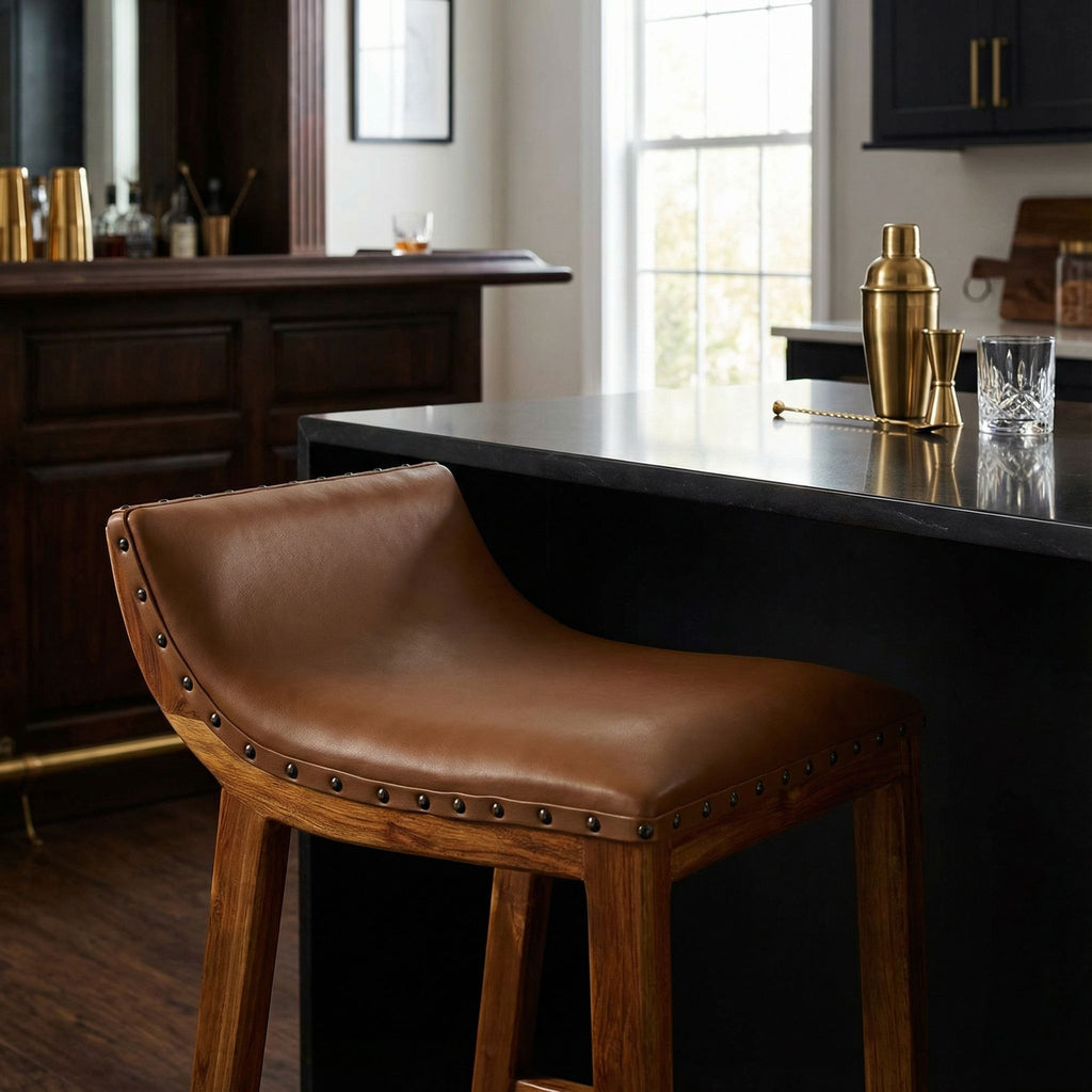 Bare Decor Luisa Counterstool in Light Tan Genuine Leather Seat and Solid Teak Wood Base with Brass Nailheads