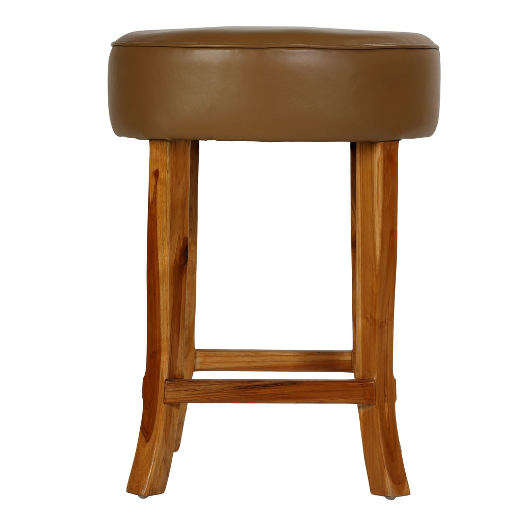 Bare Decor Pacha Round Counterstool in Light Tan Genuine Leather Oversized Seat and Solid Teak Wood Base, 18x18x24
