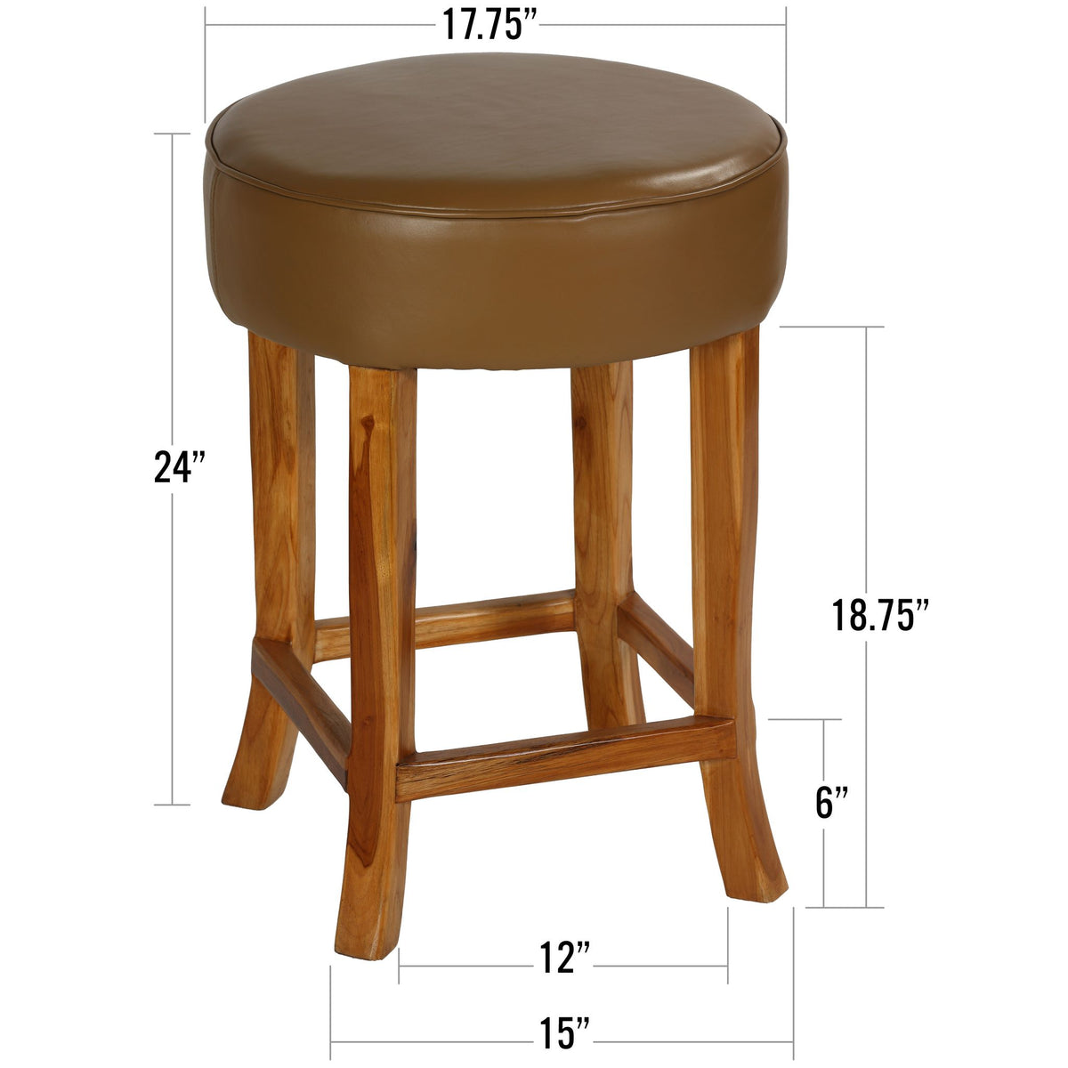 Bare Decor Pacha Round Counterstool in Light Tan Genuine Leather Oversized Seat and Solid Teak Wood Base, 18x18x24
