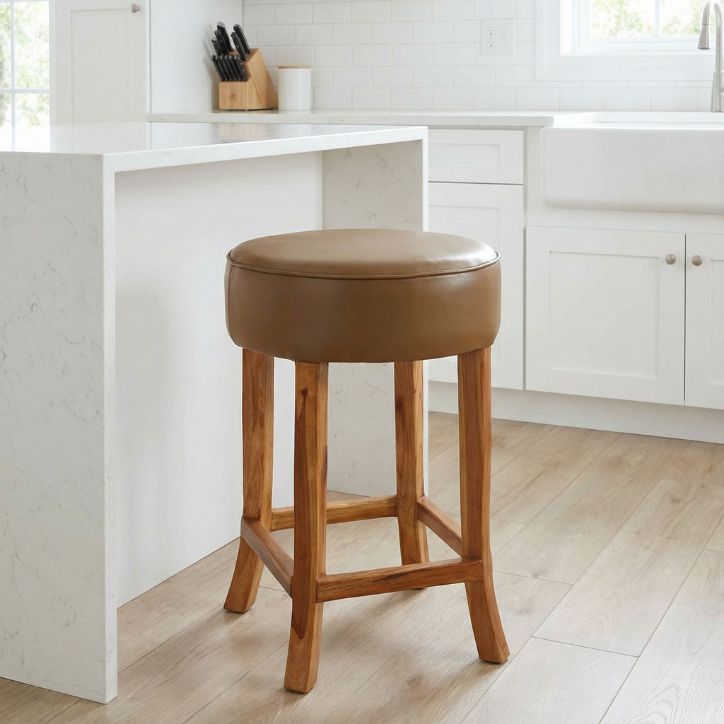 Bare Decor Pacha Round Counterstool in Light Tan Genuine Leather Oversized Seat and Solid Teak Wood Base, 18x18x24