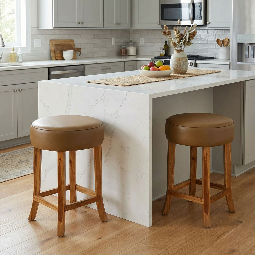 Bare Decor Pacha Round Counterstool in Light Tan Genuine Leather Oversized Seat and Solid Teak Wood Base, 18x18x24