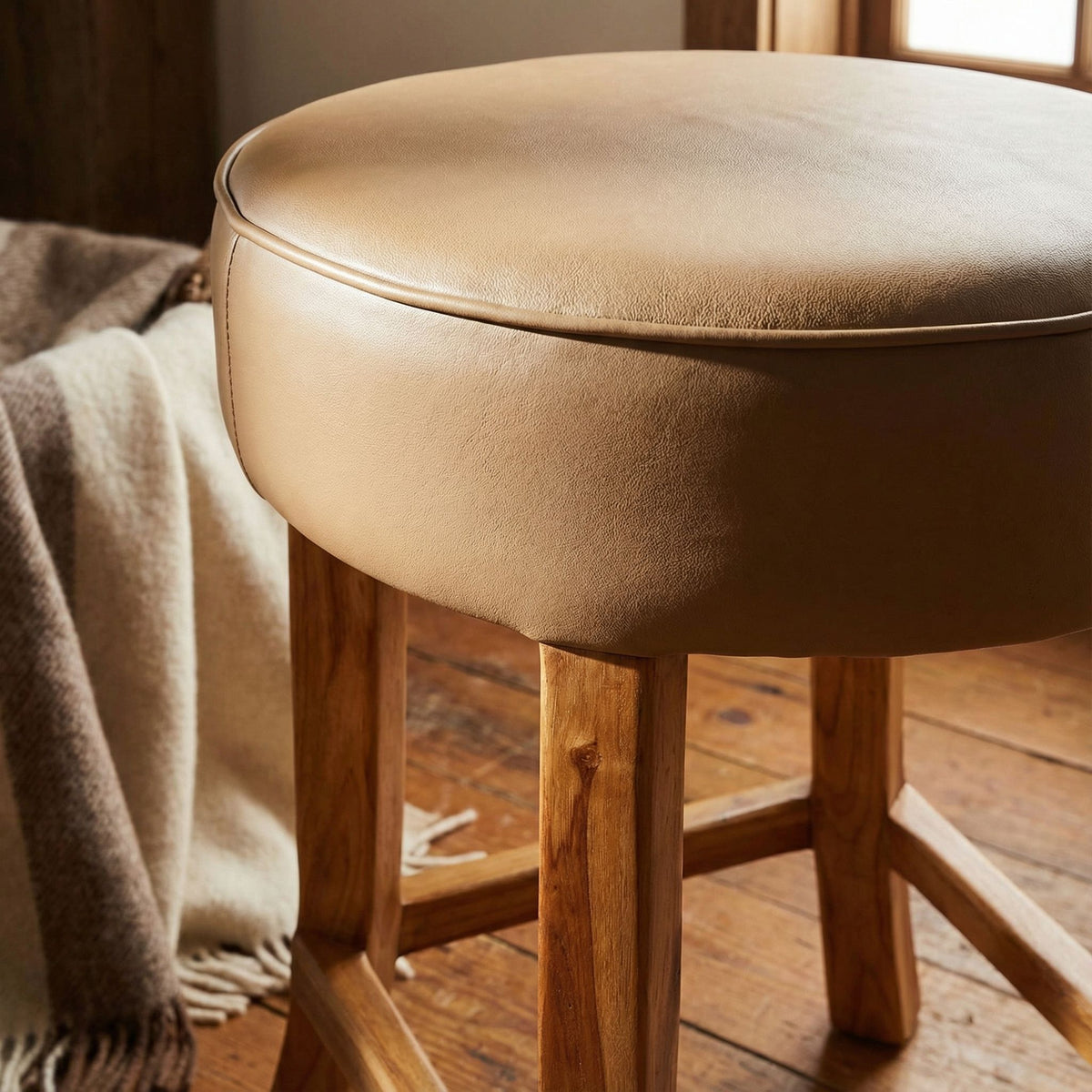 Bare Decor Pacha Round Counterstool in Light Tan Genuine Leather Oversized Seat and Solid Teak Wood Base, 18x18x24