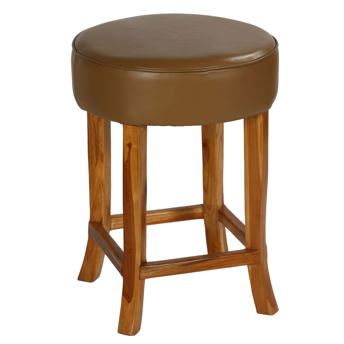 Bare Decor Pacha Round Counterstool in Light Tan Genuine Leather Oversized Seat and Solid Teak Wood Base, 18x18x24