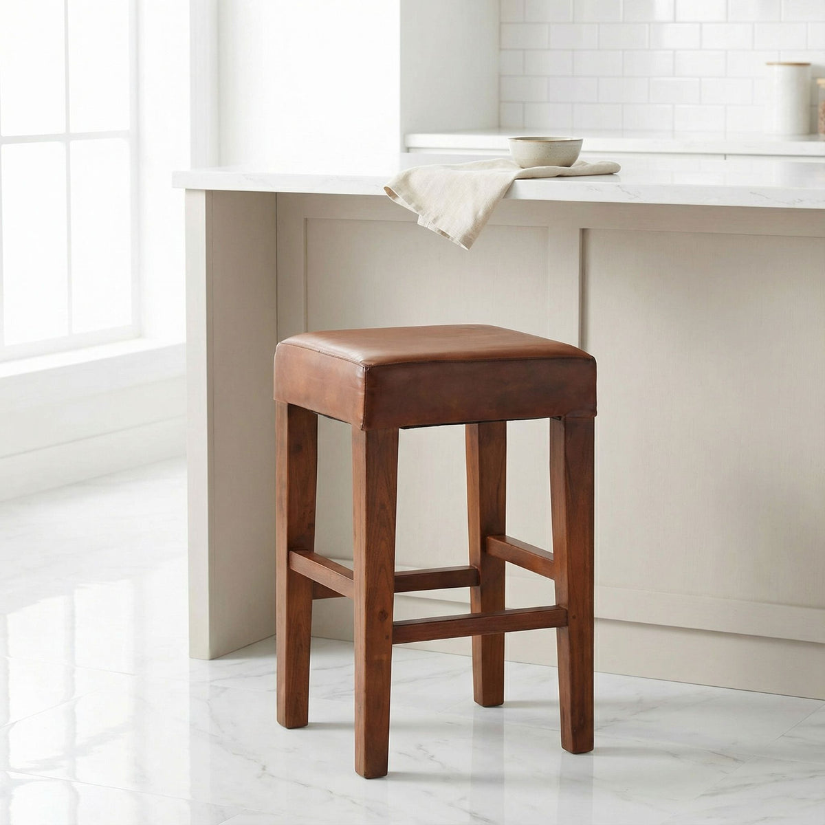 Bare Decor Sally Genuine Leather and Teak Wood Square Counter Stool, 26"