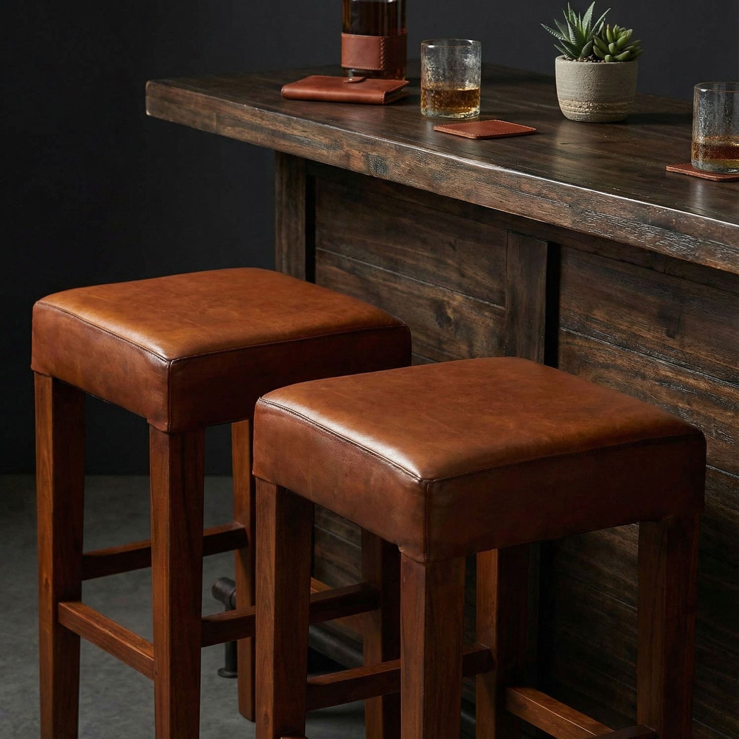 Bare Decor Sally Genuine Leather and Teak Wood Square Counter Stool, 26"