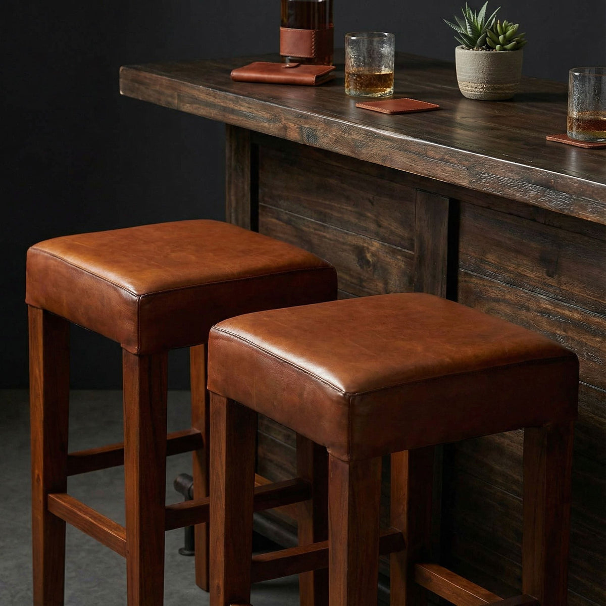 Bare Decor Sally Genuine Leather and Teak Wood Square Counter Stool, 26"