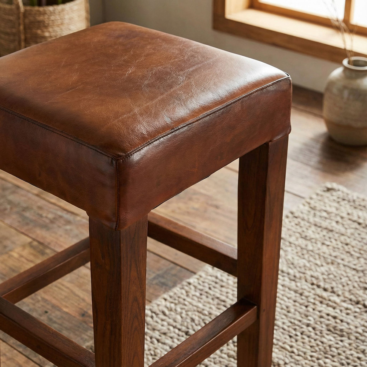 Bare Decor Sally Genuine Leather and Teak Wood Square Counter Stool, 26"