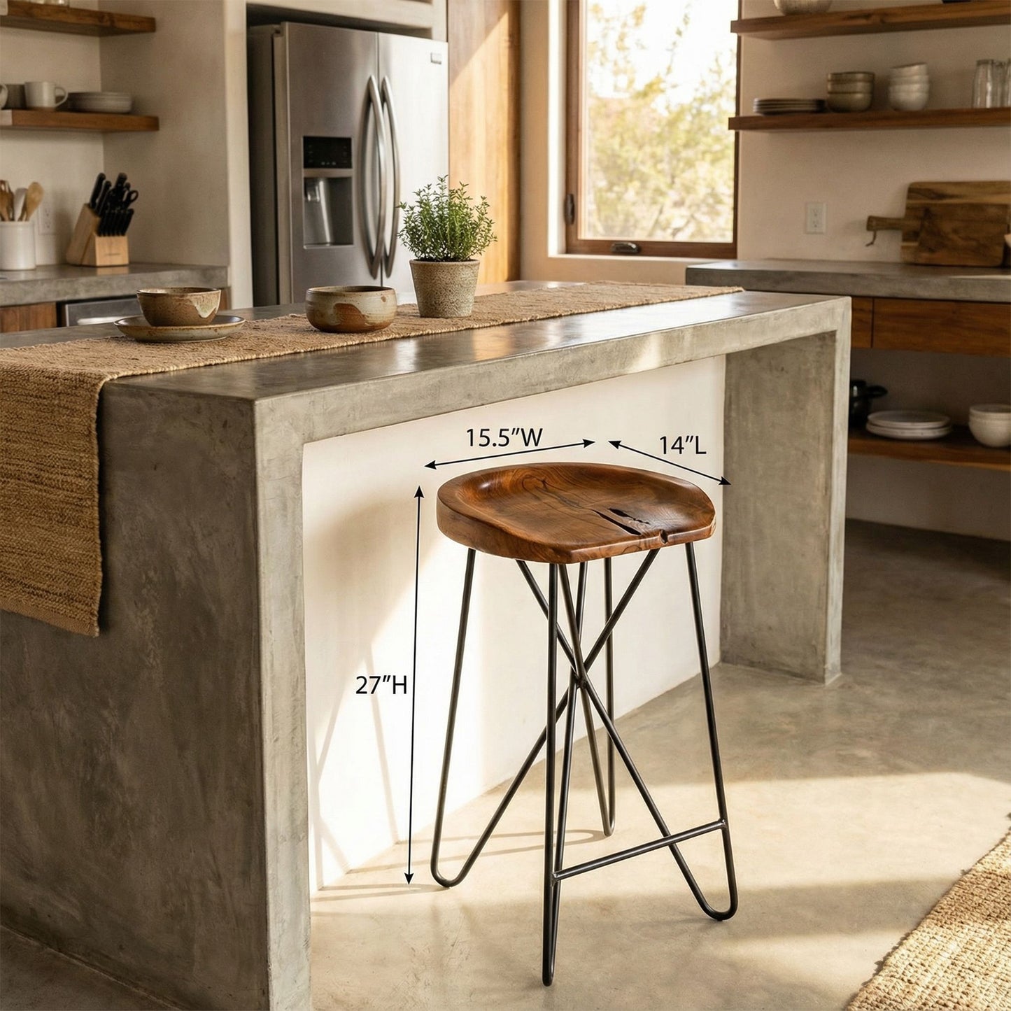 Bare Decor Aloha Backless Teak Counter Stool with Metal Legs