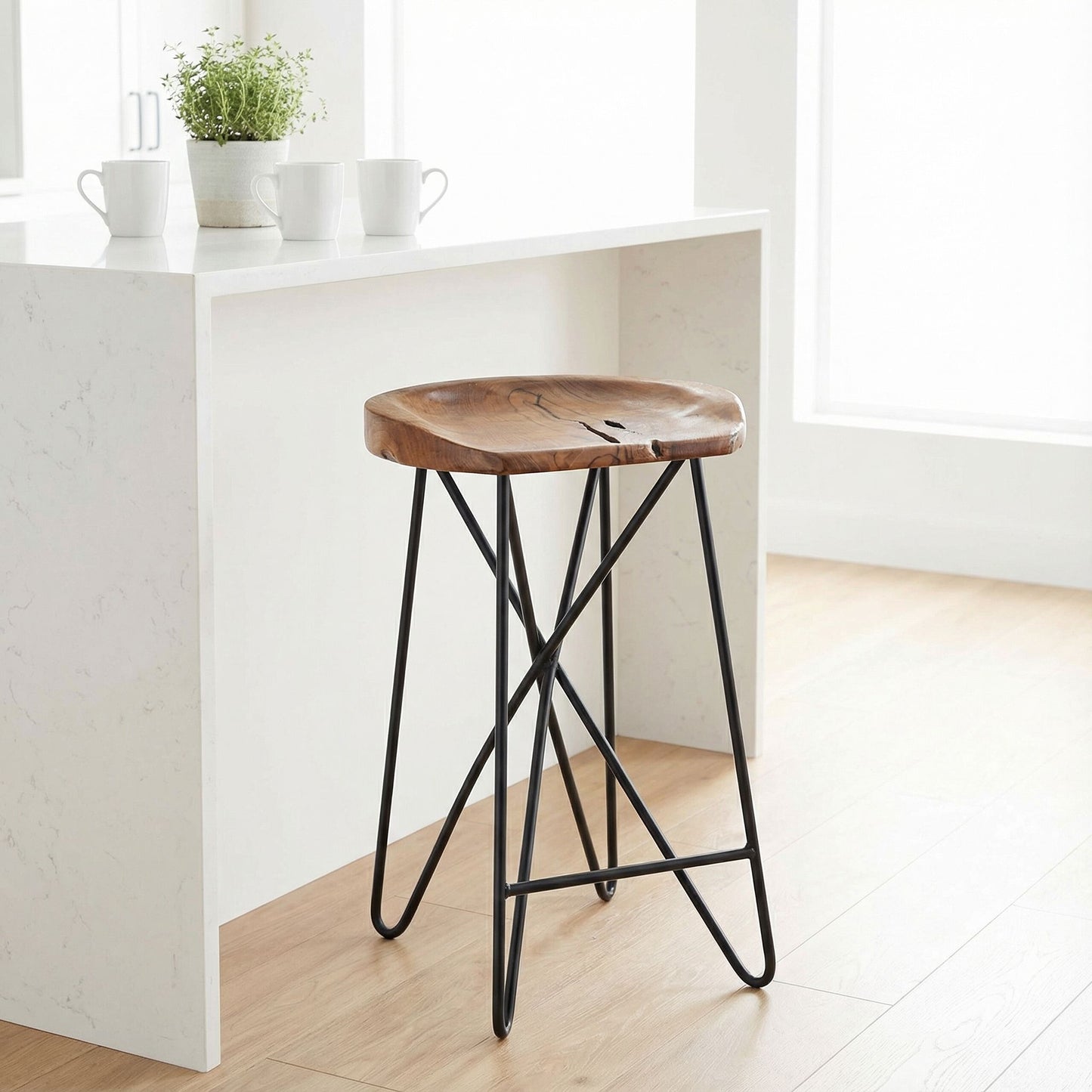 Bare Decor Aloha Backless Teak Counter Stool with Metal Legs