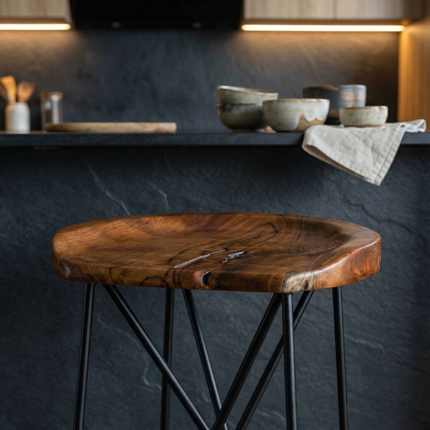 Bare Decor Aloha Backless Teak Counter Stool with Metal Legs